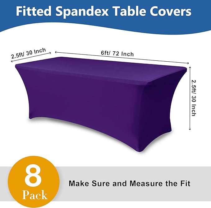 Fitted Stretch Table Cover for 6 ft Rectangle Tables-8 Pack Dark Purple Spandex Tablecloth-Elastic Folding Tablecloths for Party, Vendor Booth Display, Banquet Buffet Event, Craft Trade Show