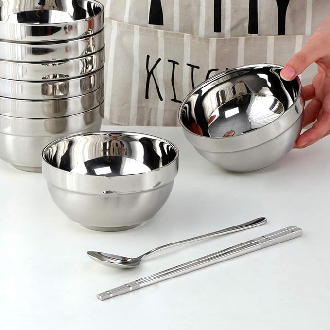 10pcs stainless Steel Bowls Set，4.48Inches Double Walled Insulated Large Serving Rice Cereal Salad noodle，350ml Unbreakable Deep Bowl for kitchen Restaurant，Dishwasher Safe