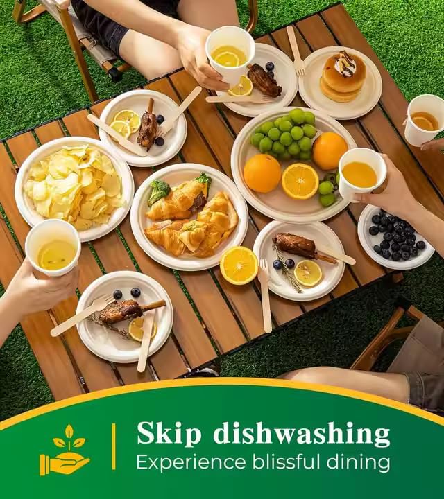 9-Inch Compostable Paper Plates – Heavy-Duty Disposable Bagasse (Sugarcane Fiber) Plates, Eco-Friendly Biodegradable Dinnerware, Microwave-Safe & Leak-Proof (150-Pack)