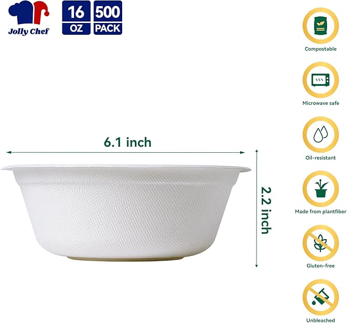 JOLLY CHEF Compostable Disposable Paper Bowls [16 oz] Heavy Duty Soup Uncoated Containers [500 Pack] White Biodegradable Bagasse Hot Cold Food Eco-Friendly Sugarcane Microwavable for Dessert Christmas