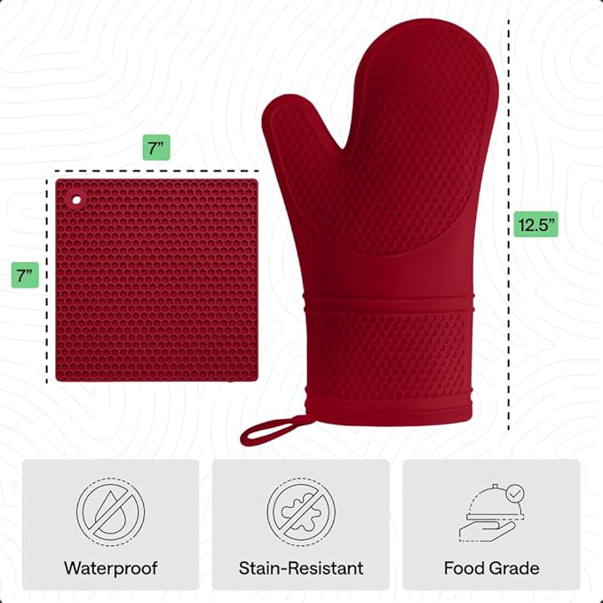 GORILLA GRIP BPA-Free Soft Silicone Oven Mitts and Pot Holders Sets of 4, Heat Resistant Waterproof Cooking Gloves, Thick Cotton Lining, Flexible Gripping for Baking Grilling, Kitchen Trivets, Red