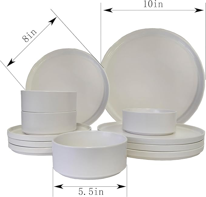 12-Piece Porcelain Scratch Resistant Plates and Bowls Sets, Service for 4 Stoneware Dinnerware Sets, Ceramic Plates and Bowls Dishes Sets, White - Microwave and Dishwasher Safe