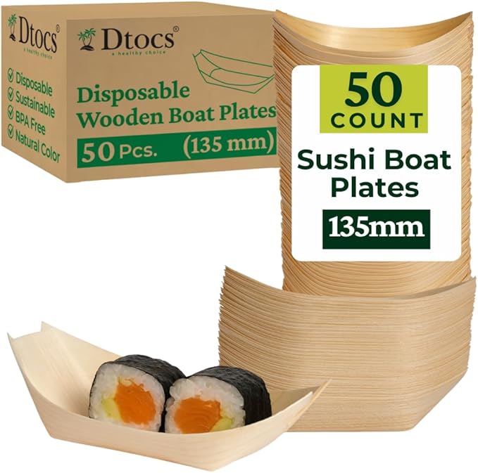 Dtocs 135mm Disposable Wooden Boat Plates 50 Pcs. Biodegradable Wood Serving Boats | Eco-Friendly Food Boats for Sushi, Desserts, Appetizers, Snacks | Alternate to Plastic, Bamboo, Paper Plates