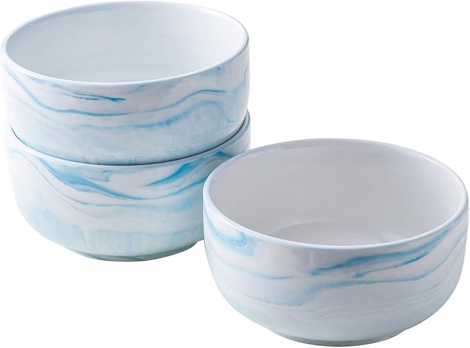 Yundu 28 Ounce Blue Marble Porcelain Bowls Ice Cream, Dessert, Cereal, Pasta Bowls, Microwave and Dishwasher Safe Bowls for Kitchen, Set of 3