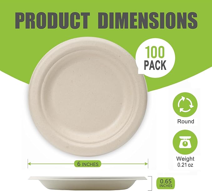 6 Inch Small Paper Plates Disposable - Biodegradable Compostable Appetizer Plates for appetizer, Party, Cake, Snacks Dessert (100 Pack, Heavy Duty Eco-Friendly) Third-generation anti-slip
