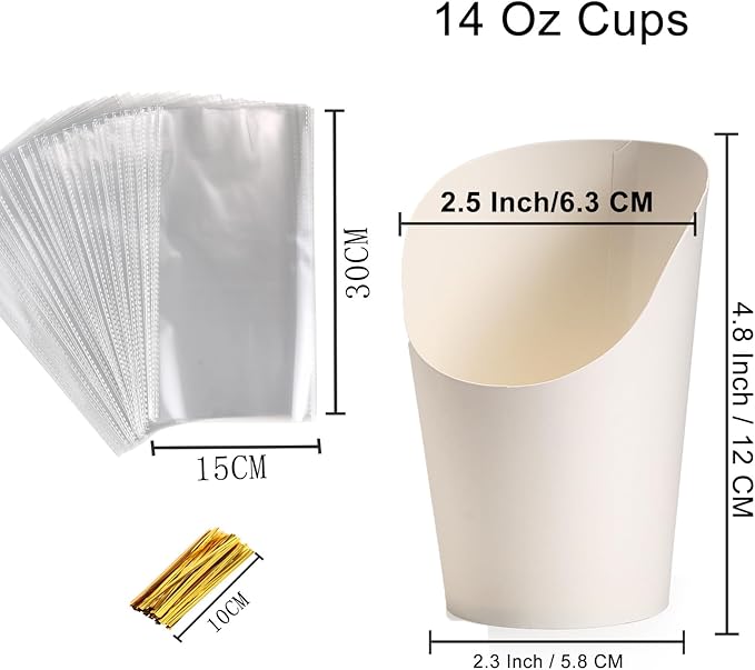 Disposable Charcuterie Cups 120 PCS with 200PCS Sticks and 120PCS Bags, 14 oz Kraft Paper Snack Boxes Appetizers Cup French Fry Holder with Cocktail Skewers Toothpicks Tooth Picks, White