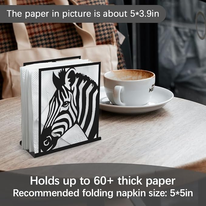 Zebra Decorative Black Metal Napkin Holder for Table, 5.3" x 4.9" x 1.9" Zebra Wild Animal Standing Napkin Holder for Home Kitchen Restaurant Picnic Party Coffee Bar Dining Room