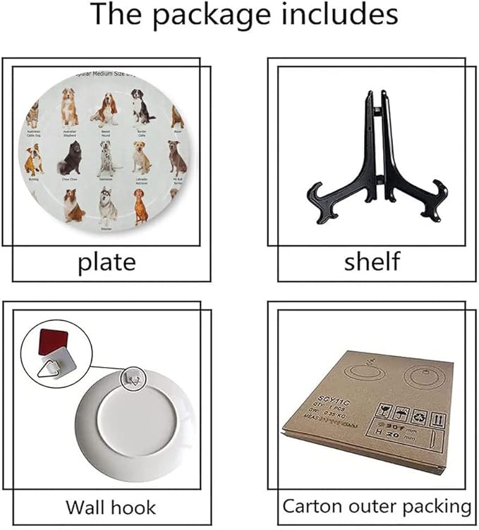 Ceramic Display Plate, Dog Ceramic Hanging Decorative Plate, AGroup of Different Puppy Breeds Family Type Species, 7 Inch, Living Room Kitchen Decoration Household, Multi