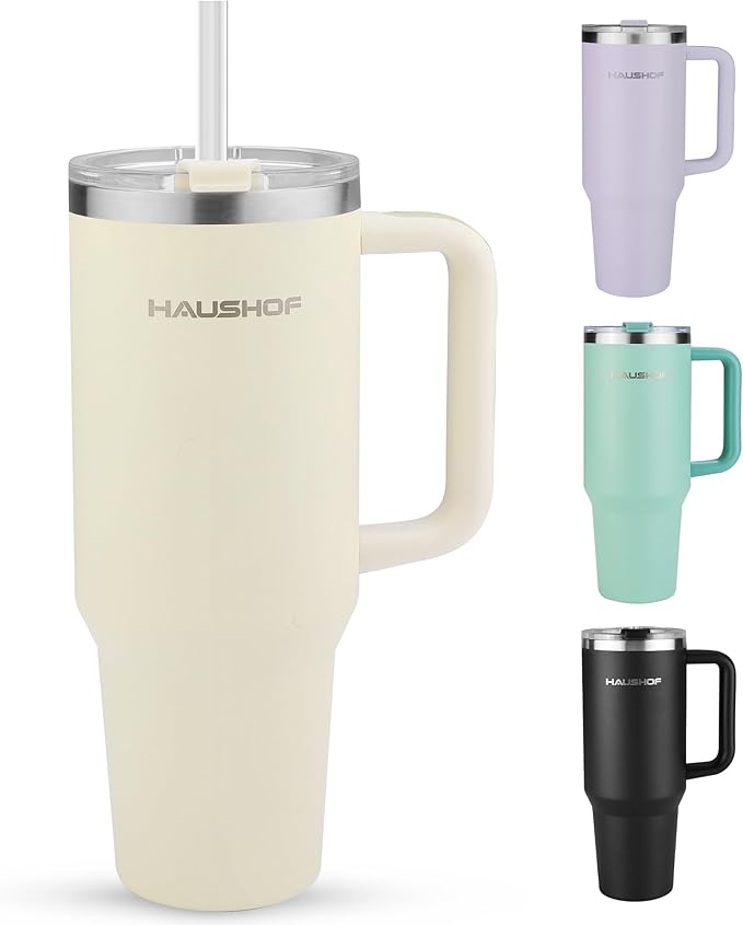 HAUSHOF 40 oz Tumbler with Handle and Straw, Insulated Stainless Steel Coffee Tumbler with Tritan Lid, Double Walled Travel Mug Water Bottle Cup, Large Tumbler for Hot and Cold Drinks