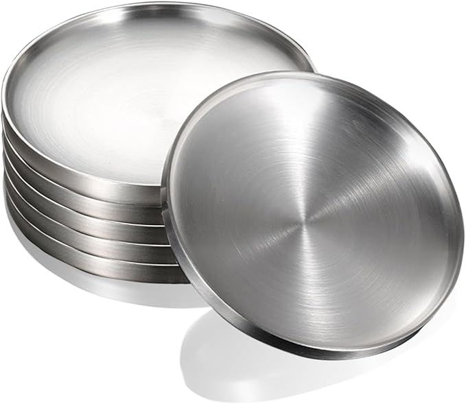Stainless Steel Plates 6 Pcs Metal Double Layered Dinner Plates Unbreakable Dinner Dishes Set for Kitchen Home Camping Outdoor Party BBQ (7.5 inch)