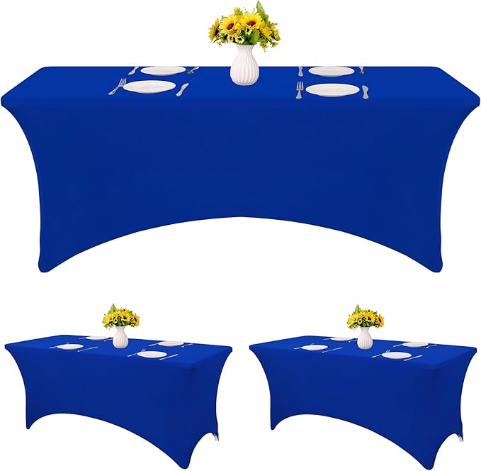 HAISIWLKJ 3 Pack Table Cloth 6ft Royal Blue Tablecloths for Rectangle Folding Table Spandex Fitted Stretch Wrinkle Resistant Washable Tablecover Protector for Party, Wedding, Banquet, Festival