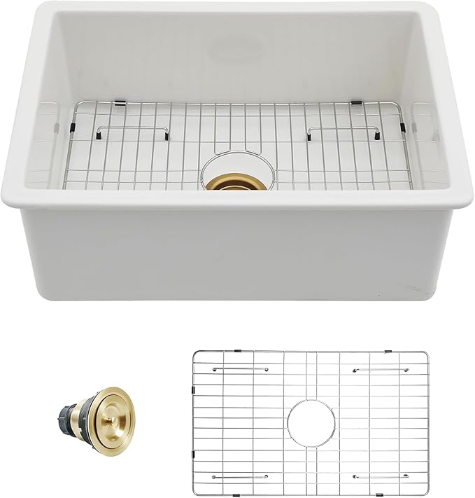 Sarlai 27 Inch White Undermount Sink 27x19 Inch White Kitchen Sink Dual Drop in & Undermount Kitchen Sinks Fireclay Single Bowl Deep Porcelain Ceramic Basin