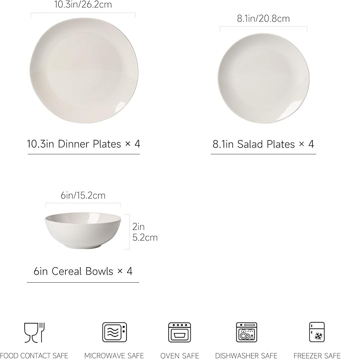 Ceramic Dinnerware Sets for 4,12 Pieces Plates and Bowls Sets, Plates Pasta Bowls Soup Bowls, Modern Stoneware Dishes, Reaction Glaze (White)