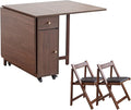 Walnut Drop Leaf Folding Dining Table with 2 Drawers and 4 Wheels, Wooden Padded Chairs Set of 2, Space Saving Dining Table with 2 Chairs