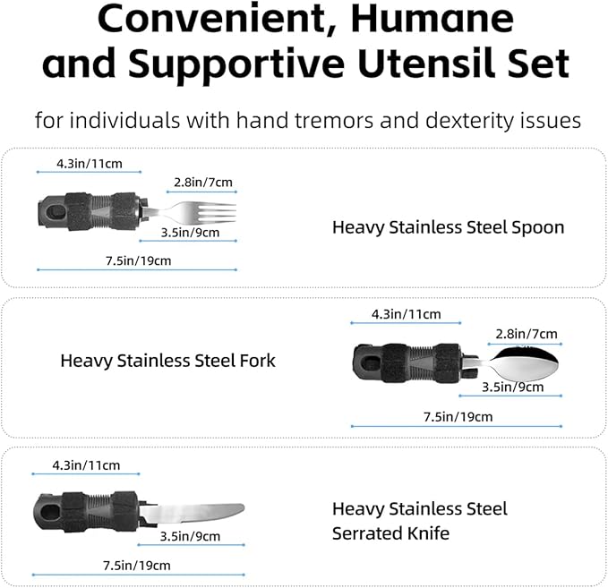Adaptive Utensil Set for Elderly Parkinsons Stroke Patients, Non-Slip Grip with Hand Strap for Hand Tremors & Muscle Weakness, 3PCS Heavy Stainless Steel Spoon Fork Knife