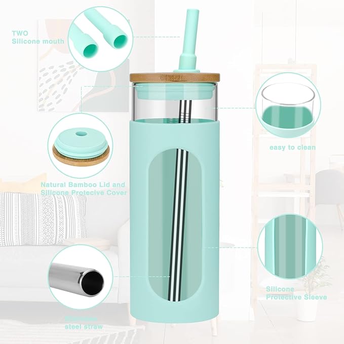 Tronco 22oz Glass Tumbler with Bamboo Lid and Straw, Glass Cup For Boba,Iced Coffee,Smoothie, Spill Proof Glass Water Bottle With Silicone Protective Sleeve, Dishwasher Safe,BPA Free