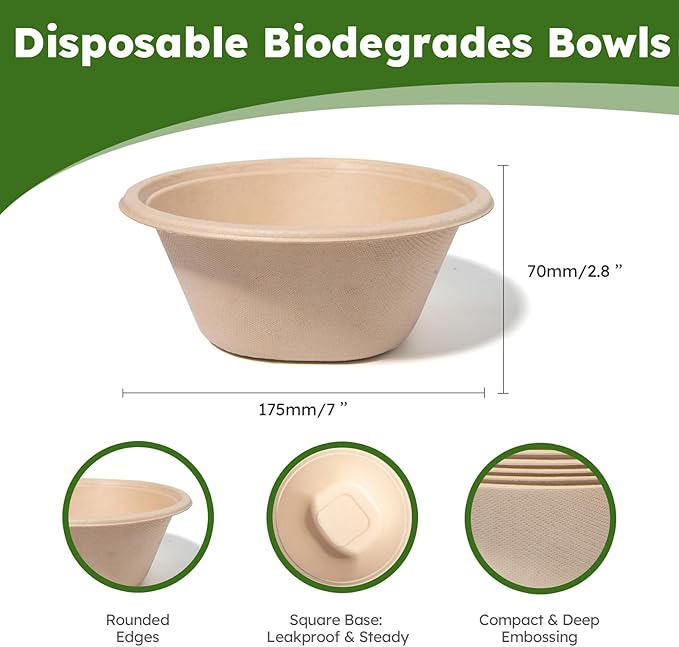 Paper Bowls, 32 Oz Disposable Bowls [100 Pack] Heavy Duty Compostable Deep Disposable Soup Bowls, Eco-friendly Biodegradable Bagasse Hot Cold Microwavable Bowls for Salad, Cereals, Dessert