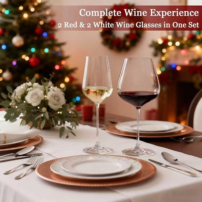 Physkoa Wine Glass Set of 4 – 2 Red (22oz) & 2 White (14oz) Hand-Blown Crystal Glasses, Perfect for Birthday, Wedding & Housewarming Valentines's Day Gifts