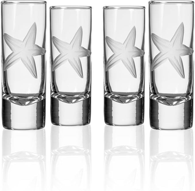 Rolf Glass Starfish Shot Glass | 2.5oz Engraved Glass Cordial | Nautical Sailboat Design | Lead-Free and Diamond-Wheel-Engraved | Made in the USA | Set of 4