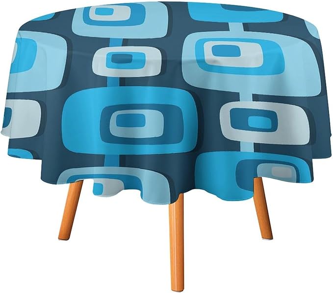 Mid Century Boho Round Tablecloth, Blue Mid Century Modern Art Abstract Geometric Pattern Retro Vintage Style Tablecloth for Home Party Dining Room Kitchen Decor 50Inch(127cm)