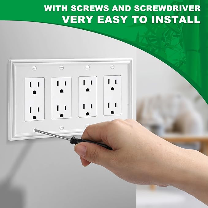 White Decorative Quad Decorator Wall Plate, Natural Material Rocker Switch Plates Outlet Covers for Receptacle, GFCI Outlet, Dimmer Switch - Modern Style (4 Gang Decorator 1 Pack)