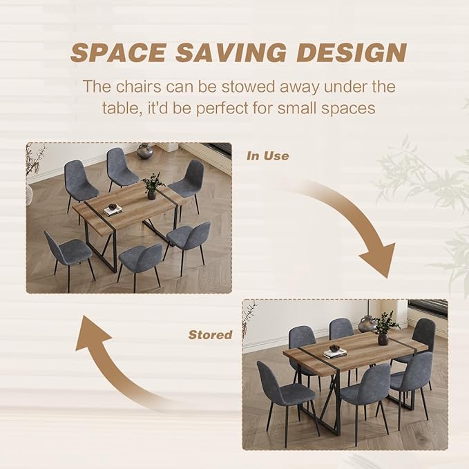 6 Chair Dining Table Set，Dinner Table Set for 6, 55'' Kitchen Table and Suede Nap Fabic Chairs Set of 6, 7 Piece Dining Table Set for Kitchen Dining Room