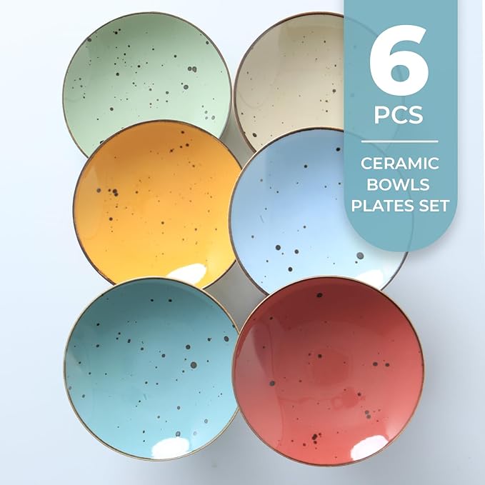 Esfour Ceramic 7.84 Inch Serving Bowls - Set of 6 | 20 Oz Large Pasta Salad Bowls, Microwave/Oven Safe, Wide Shallow Porcelain Bowls for Party, Dinner, Entertaining, Stackable - Vivid Assorted Colors
