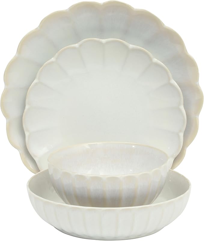 Gibson Elite Malibu Shore 16 Piece Scallop Stoneware Reactive Glaze (Service for 4) Ceramic Plates and Bowls Dinnerware Set - Shiny Cream White