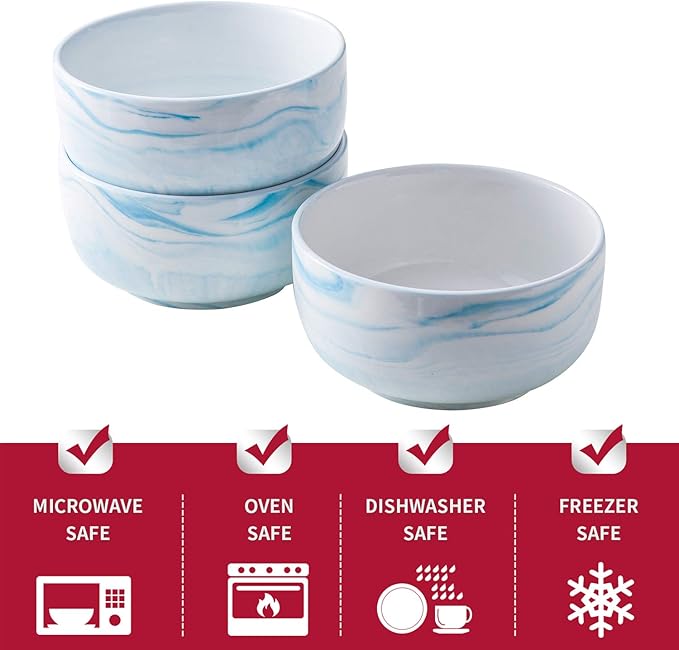 Yundu 28 Ounce Blue Marble Porcelain Bowls Ice Cream, Dessert, Cereal, Pasta Bowls, Microwave and Dishwasher Safe Bowls for Kitchen, Set of 3