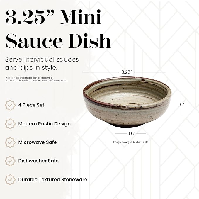 Vikko Small Dipping Bowls, Set of 4 Mini Soy Sauce Dishes, 3" Stoneware Dipping Sauce Cups, Decorative Pinch Bowls for Dips, Condiments, Charcuterie Boards - Microwave and Dishwasher Safe