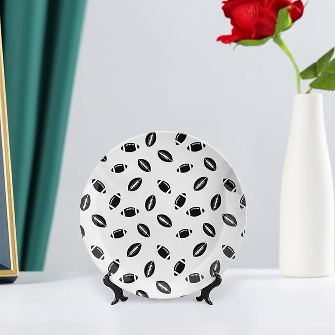 Ceramic Plates, American Football Decorative Ceramic Plates, Monochrome Pattern Black Rugby Balls Sports, 10 Inch, Household Plates Decorative, Black White