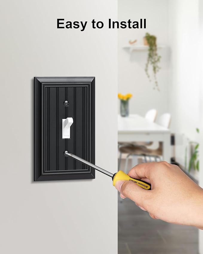 6-Pack Classic Beadboard Single Toggle Light Switch Cover Plate, Durable Natural Bamboo Fiber Decorative Switch Plate Covers, Matte Black 1 Gang Wall Plate