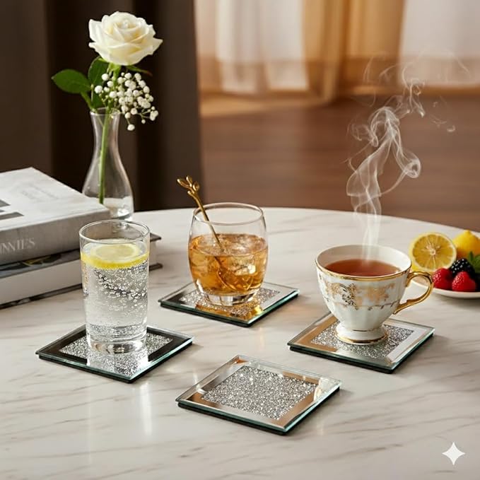 Crushed Diamond Crystal Glass Mirrored Square Coasters Set of 4 Glittering Bling Silver TRENDZY ® Drink Wine Coasters for Home Kitchen Bar & Restaurant Home Decor Birthday Wedding (Square)
