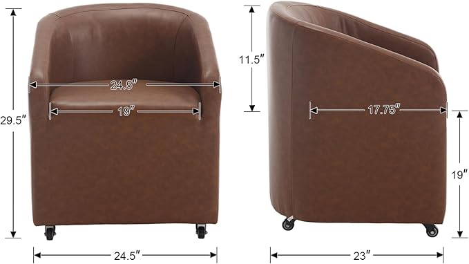 Modern Barrel Dining Chairs with Rolling Casters Set of 2, Upholstered PU Leather Swivel Dining Room Chairs with Wheels for Kitchen Living Room Home Office, Brown