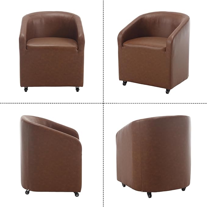 Modern Barrel Dining Chairs with Rolling Casters Set of 2, Upholstered PU Leather Swivel Dining Room Chairs with Wheels for Kitchen Living Room Home Office, Brown