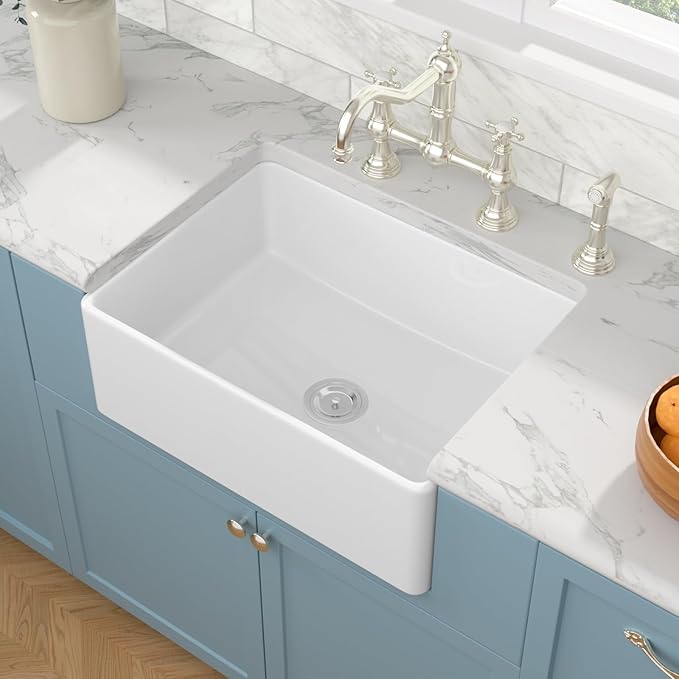 Sarlai 30 White Farmhouse Kitchen Sink - 30 x 20 Inch Kitchen Sink Apron Front Farm Style Sink White Ceramic Porcelain Fireclay Single Bowl Farm Sink Basin