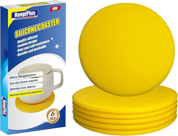 6 Pieces Silicone Coasters, Round Shape Hot Cup Mat for Drinks, Heat Resistant Glass Cushion, Coffee Coaster for Table, Desk, Kitchen, Office, Bar Protection (Yellow)