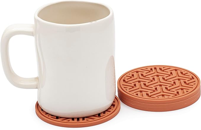 Drink Coasters for Tabletop Protection - Set of 4 No-Slip Silicone Rubber Coasters for Coffee Table, Desk & More - USA-Made Coasters for Drinks w/Liquid-Catching Grooves (Burnt Orange)