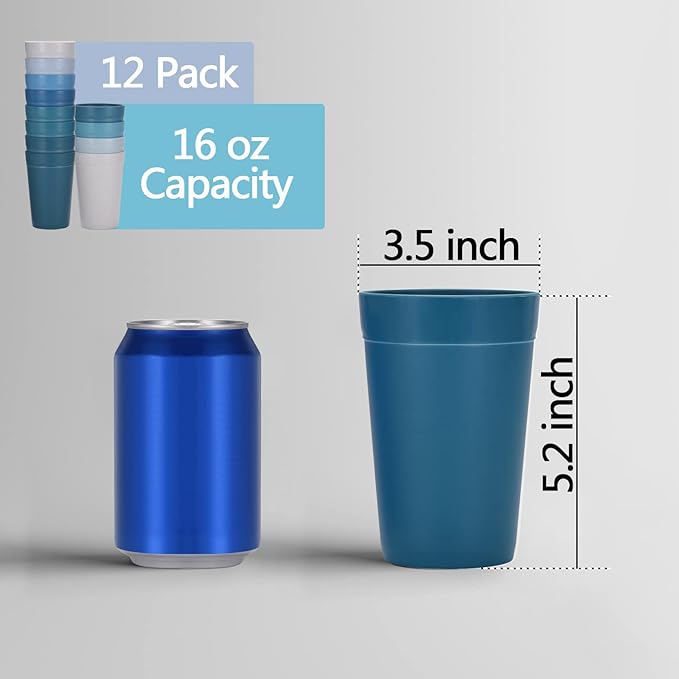 Homestockplus 16 Oz Drinking Cups,【Set of 12】 Unbreakable Cup Reusable Microwave and Dishwasher Safe BPA Free E-Co Friendly Wheat Straw Tumbler Cups for Water, Milk, Juice, Soda and more