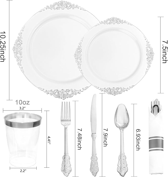 Hioasis 210pcs White and Silver Plates - White Party Plates for 30 Guest, Include 60 Heavy-duty Plates(20% Thicker Than Standard), 30 Pre Rolled silver Plastic Silverware Set, 30 Cups