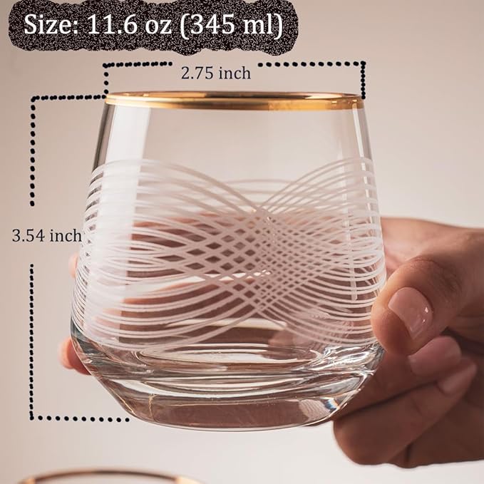Gold Rim Cocktail Wine Whiskey Drinking Glasses Set of 6 Glassware Rimmed Trim Crystal Cups Juice Water Drinkware Drinks Bar Fancy Party Wedding (Gold3)