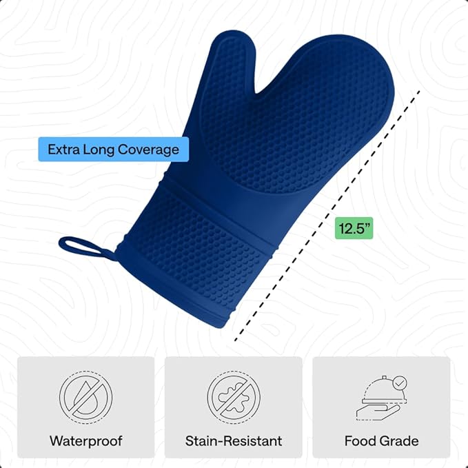 GORILLA GRIP BPA-Free Soft Silicone Oven Mitts, Heat Resistant and Waterproof Cooking Gloves, Thick Cotton Lining, Flexible Gripping for Baking Grilling, Kitchen Potholders Set of 2, 12.5x8.3, Blue