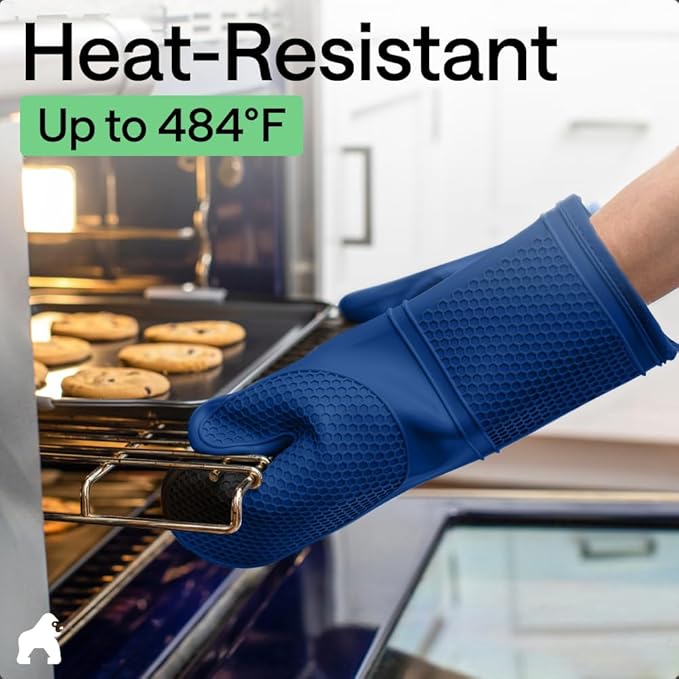 GORILLA GRIP BPA-Free Soft Silicone Oven Mitts, 14.5x8.3, Heat Resistant and Waterproof Cooking Gloves, Thick Cotton Lining, Flexible Gripping for Baking Grilling, Kitchen Potholders Set of 2, Blue