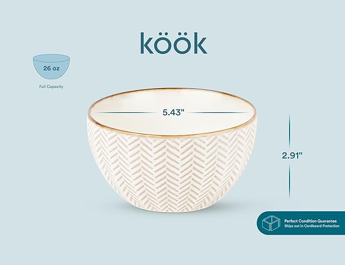 KooK Soup Bowls, Embossed, Ceramic Bowl, for Soup, Cereal and Poke, Microwave & Dishwasher Safe, Cream with Dark Copper Accents, Set of 4, 26 oz, Narbonne Collection