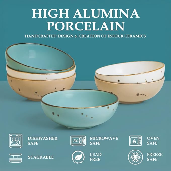 Esfour Round Porcelain Bowls - 20 Ounce - Set of 6 - Microwave, Oven, Dishwasher-Safe, Scratch Resistant, Porcelain Durable Small Dishes Bowls for Cereal, Salad, Pasta, Soup Dessert - Assorted Natural