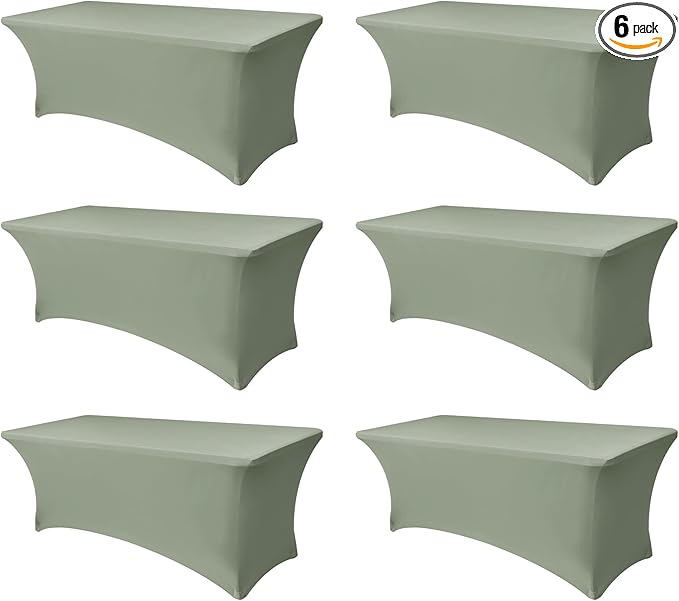 Stretch Table Cover for 6 Foot Rectangle Tables-6 Pack Sage Spandex Fitted Tablecloth-Elastic 6ft Folding Tablecloths for Party, Vendor Booth Display, Banquet Buffet Event, Craft Trade Show