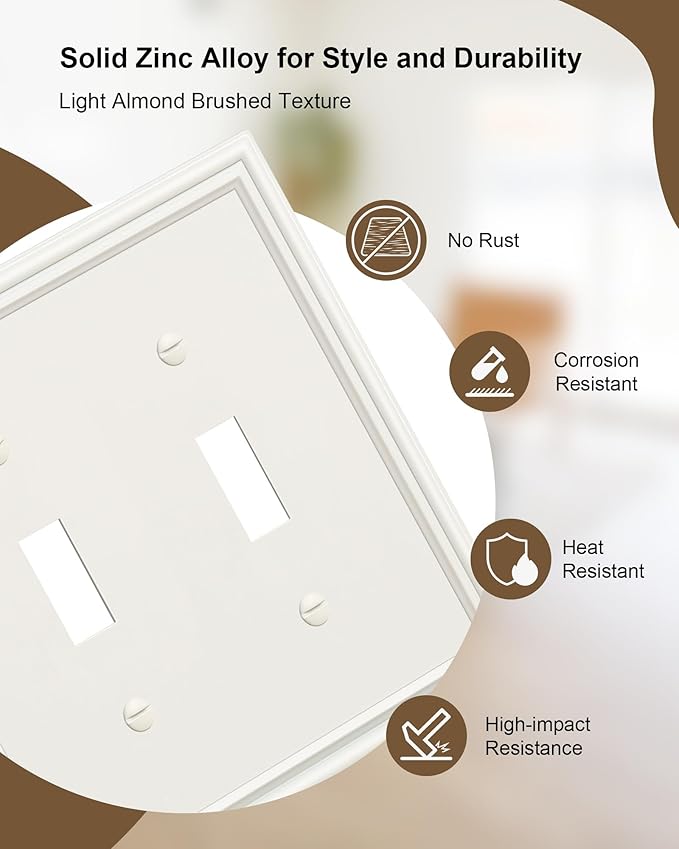2-Pack Double Toggle Light Switch Cover Plate, Durable Solid Zinc Alloy Decorative Dual Switch Plate Covers, Light Almond 2 Gang Wall Plate, Corrosion Resistant