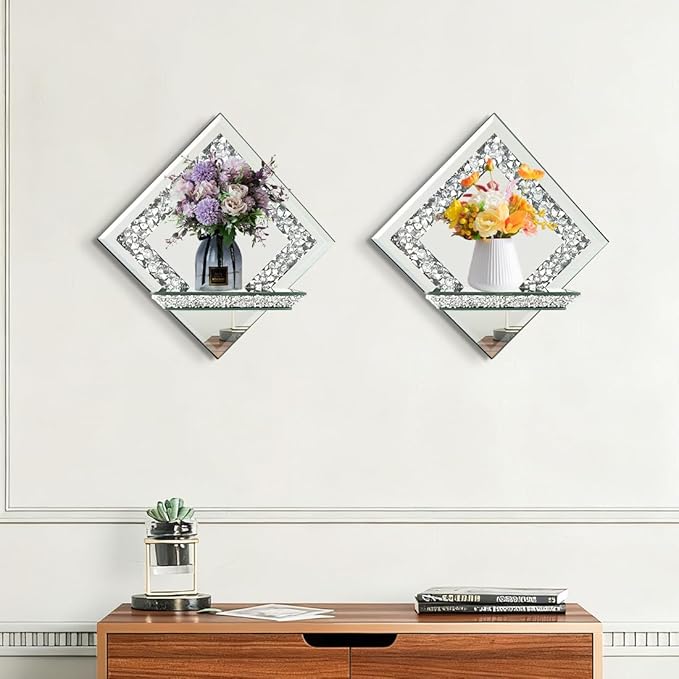 Pibeyer Mirrored Candle Sconces with Acrylic Diamond, Crushed Diamond Wall Candle Holders, Home Décor