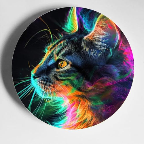 10 Inch Psychedelic cat Colors Decorative Ceramic Plates with Display Stand Ideal for Household Wall Hanging and Decor DP-073411664