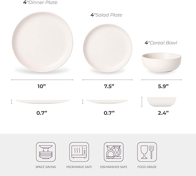12-Piece Stoneware Dinnerware Set with Mugs | Microwave and Dishwasher Friendly | Stackable Matte Glaze Plates & Bowls | Service for 3 (White for 4)